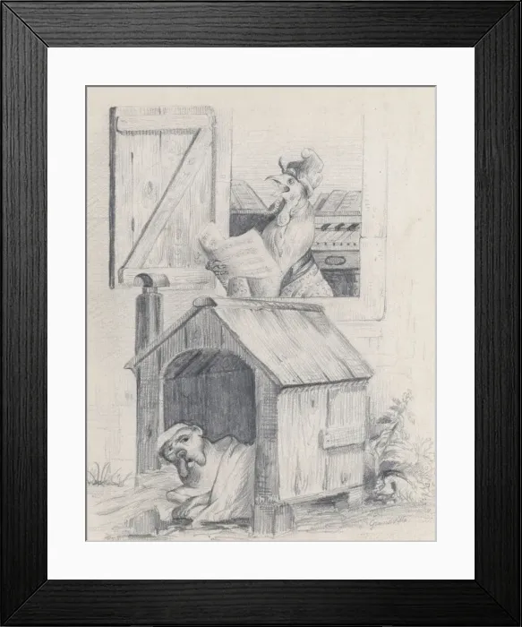 Framed Print : Dog in doghouse; cock singing at window, ca. 1842. Creator: Jean Ignace Isidore Gerard Framed Print : Dog in doghouse; cock singing at window, ca. 1842. Creator: Jean Ignace Isidore Gerard