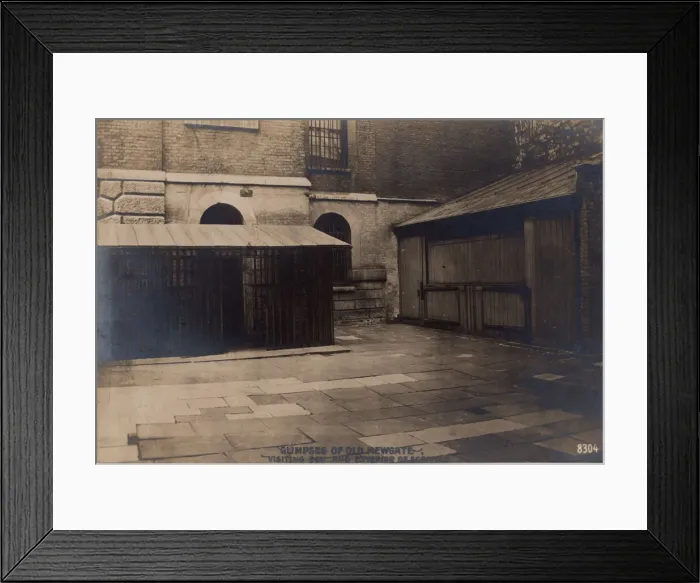 Framed Print : Glimpses of Old Newgate - Visiting Box and Exterior of Scaffold, c1900 Framed Print : Glimpses of Old Newgate - Visiting Box and Exterior of Scaffold, c1900