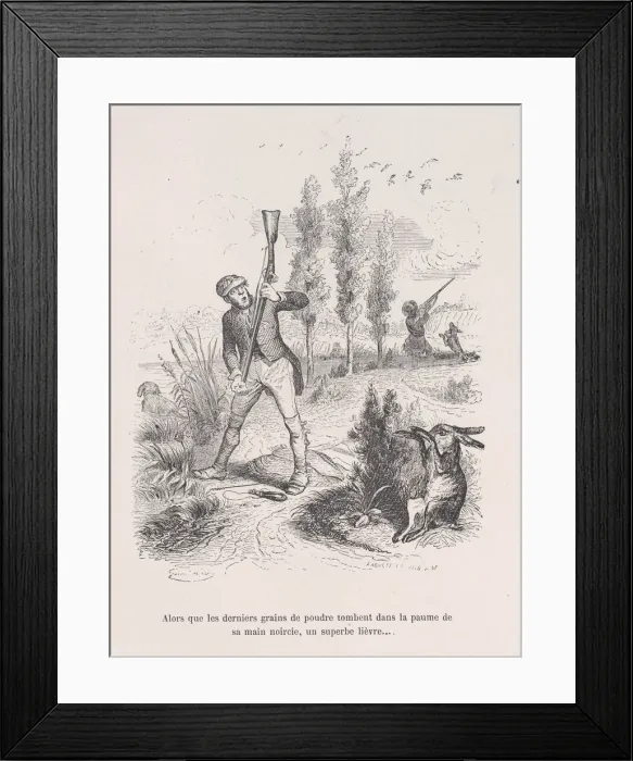 Framed Print : As the last grains of powder fall into the palm of his blackened hand, a superb hare Framed Print : As the last grains of powder fall into the palm of his blackened hand, a superb hare