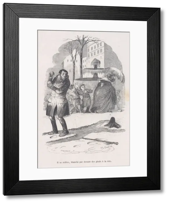 Framed Print : He gets up, covered from head to toe in snow. from the Little Miseries of Human Life Framed Print : He gets up, covered from head to toe in snow. from the Little Miseries of Human Life
