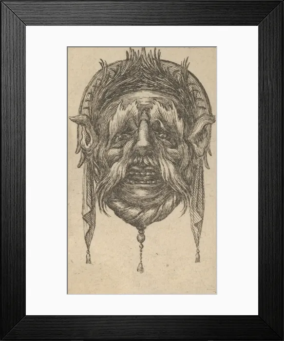 Framed Print : Mask with Long Eyebrows and Mustache and a Headdress with Dangling Cloth, from Dive Framed Print : Mask with Long Eyebrows and Mustache and a Headdress with Dangling Cloth, from Dive