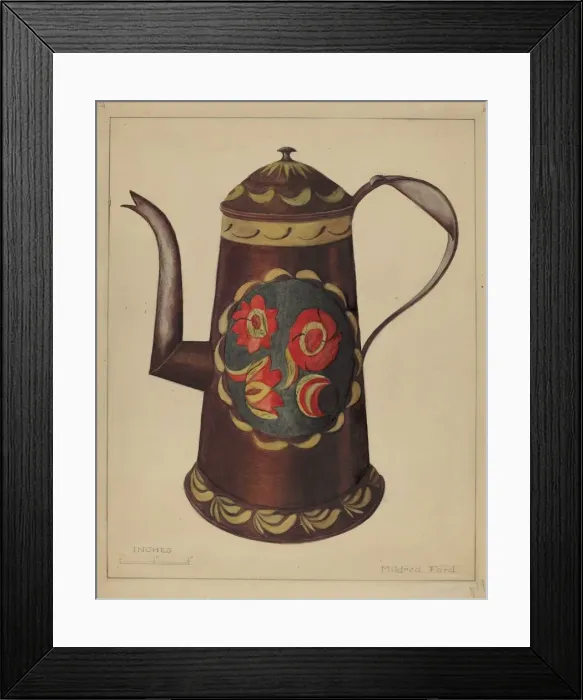 Framed Print : Toleware Coffee Pot, 1935 / 1942. Creator: Mildred Ford Framed Print : Toleware Coffee Pot, 1935 / 1942. Creator: Mildred Ford