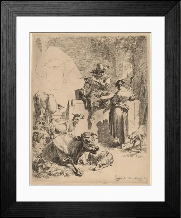 Framed Print : The Shepherd Seated on a Fountain and the Spinner, 1652. Creator: Nicolaes Berchem Framed Print : The Shepherd Seated on a Fountain and the Spinner, 1652. Creator: Nicolaes Berchem