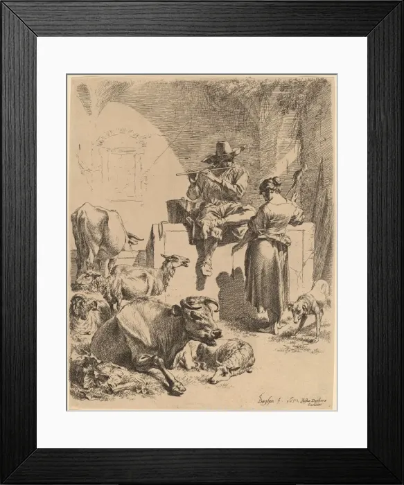 Framed Print : The Shepherd Seated on a Fountain and the Spinner, 1652. Creator: Nicolaes Berchem Framed Print : The Shepherd Seated on a Fountain and the Spinner, 1652. Creator: Nicolaes Berchem