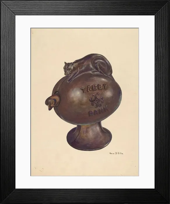 Framed Print : Toy Bank: Tabby Cat, c. 1937. Creator: George File