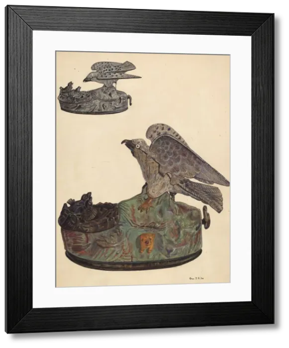 Framed Print : Toy Bank: Bird, c. 1937. Creator: George File