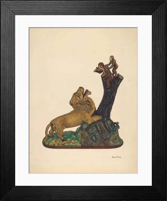 Framed Print : Toy Bank: Monkey and Lion, c. 1937. Creator: George File Framed Print : Toy Bank: Monkey and Lion, c. 1937. Creator: George File