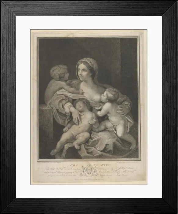 Framed Print : Charity seated nursing an infant, another sleeping on her lap and a third talking to her Framed Print : Charity seated nursing an infant, another sleeping on her lap and a third talking to her