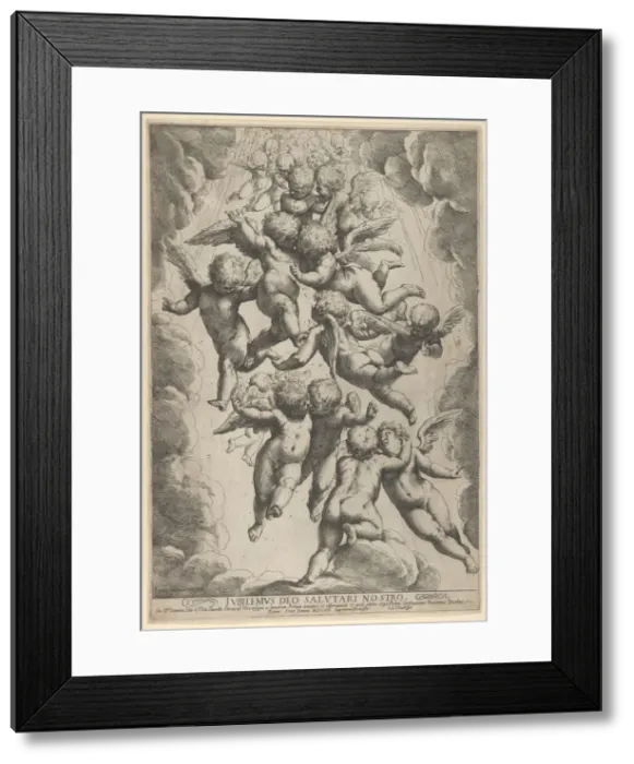 Framed Print : A group of angels embracing in flight, framed by clouds, ca. 1607. ca. 1607