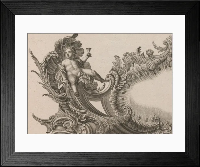 Framed Print : Design for a Rocaille Cartouche with the Figure of Putto holding up a Cup Framed Print : Design for a Rocaille Cartouche with the Figure of Putto holding up a Cup