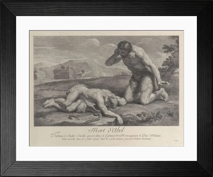 Framed Print : Adam kneels in grief beside the body of Abel, while Cain flees in the background, ca Framed Print : Adam kneels in grief beside the body of Abel, while Cain flees in the background, ca