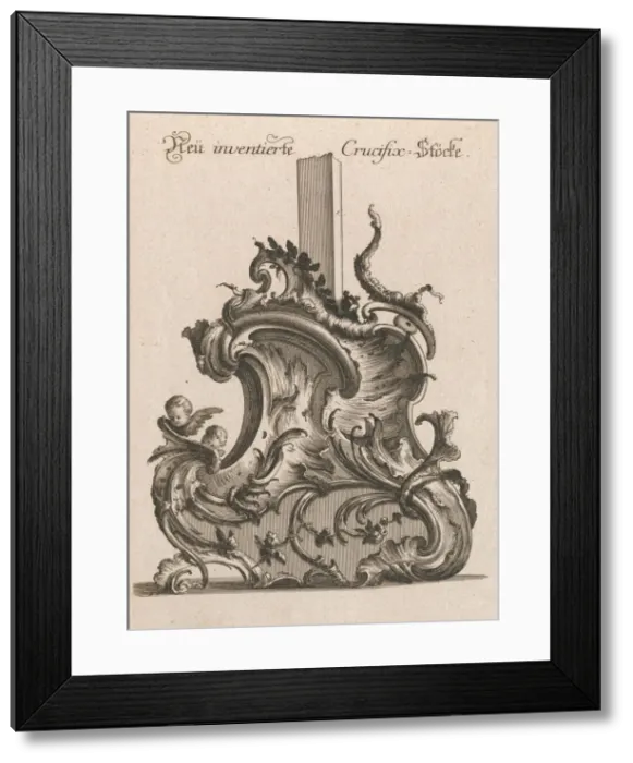 Framed Print : Design for the Base of a Crucifix, Plate 1 from: Neüinventierte Crucifix= Framed Print : Design for the Base of a Crucifix, Plate 1 from: Neüinventierte Crucifix=