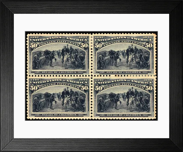 Framed Print : 50c Recall of Columbus block of four, 1893. Creator: Unknown Framed Print : 50c Recall of Columbus block of four, 1893. Creator: Unknown