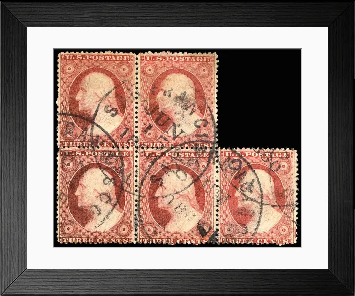 Framed Print : 3c Washington type III block of five, 1860. Creator: Unknown Framed Print : 3c Washington type III block of five, 1860. Creator: Unknown
