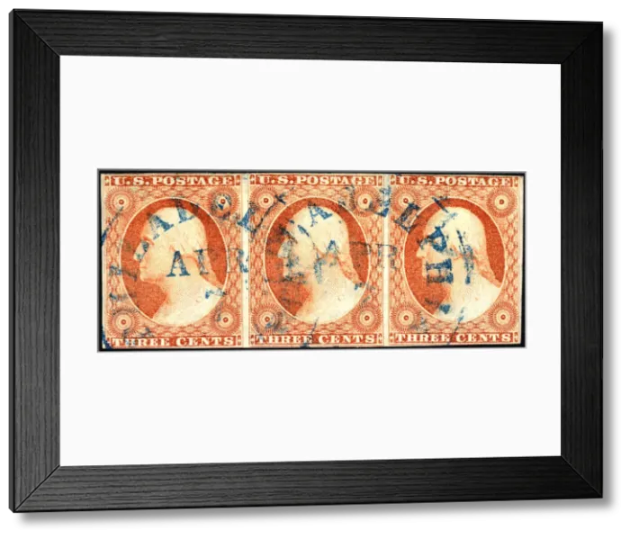 Framed Print : 3c Washington imperforate strip of three, c. 1852. Creator: Unknown Framed Print : 3c Washington imperforate strip of three, c. 1852. Creator: Unknown