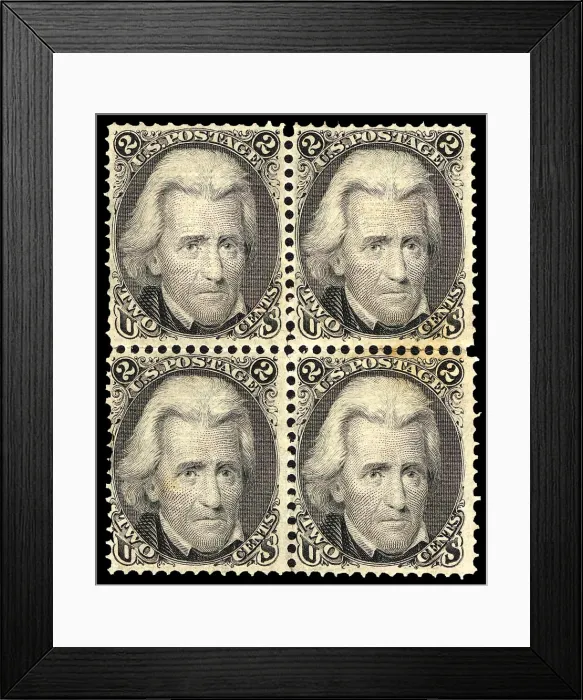 Framed Print : 2c Andrew Jackson F Grill block of four, 1868. Creator: Unknown