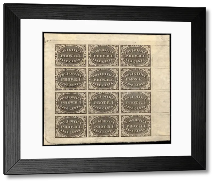 Framed Print : 5c and 10c Providence, RI postmaster provisional sheet of twelve, 1846. Creator: Unknown Framed Print : 5c and 10c Providence, RI postmaster provisional sheet of twelve, 1846. Creator: Unknown