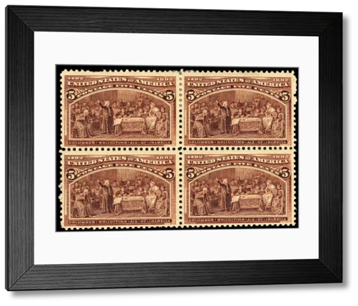 Framed Print : 5c Columbus Soliciting Aid from Queen Isabella block of four, 1893. Creator: Unknown Framed Print : 5c Columbus Soliciting Aid from Queen Isabella block of four, 1893. Creator: Unknown