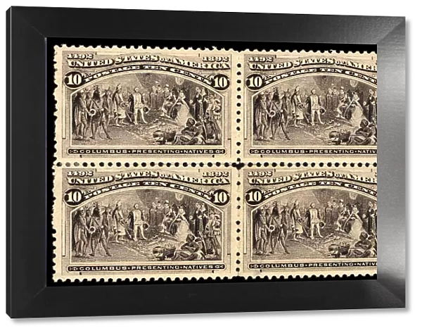 10c Columbus Presenting Natives block of four, 1893. Creator: Unknown