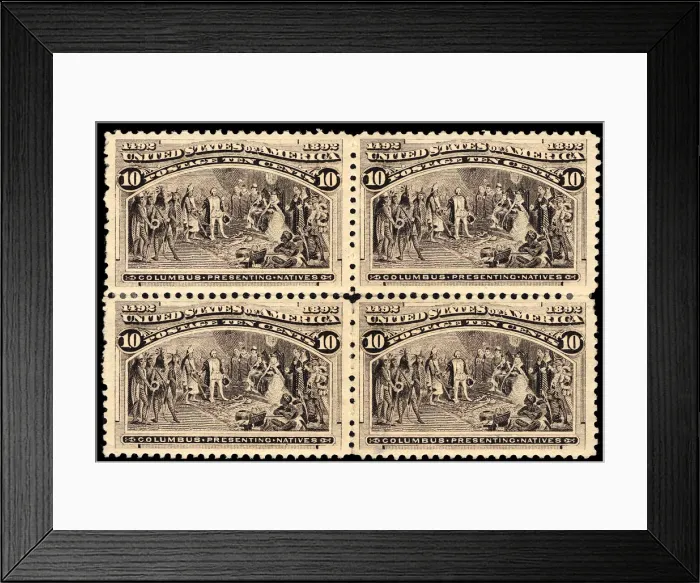 Framed Print : 10c Columbus Presenting Natives block of four, 1893. Creator: Unknown Framed Print : 10c Columbus Presenting Natives block of four, 1893. Creator: Unknown