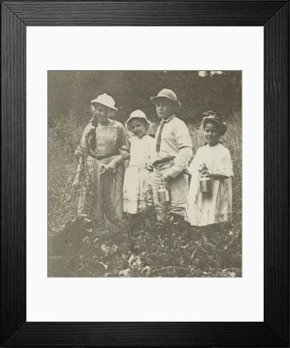 Framed Print : Untitled (Flora, Elizabeth, Howard & Kitty in Lake George field), 1903 / 05 Framed Print : Untitled (Flora, Elizabeth, Howard & Kitty in Lake George field), 1903 / 05