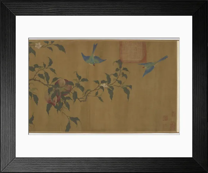 Framed Print : Birds among peach branches, Qing dynasty, (18th century?). Creator: Unknown Framed Print : Birds among peach branches, Qing dynasty, (18th century?). Creator: Unknown