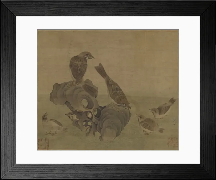 Framed Print : Sparrows feeding their young, Ming or Qing dynasty, (17th century?). Creator: Unknown Framed Print : Sparrows feeding their young, Ming or Qing dynasty, (17th century?). Creator: Unknown