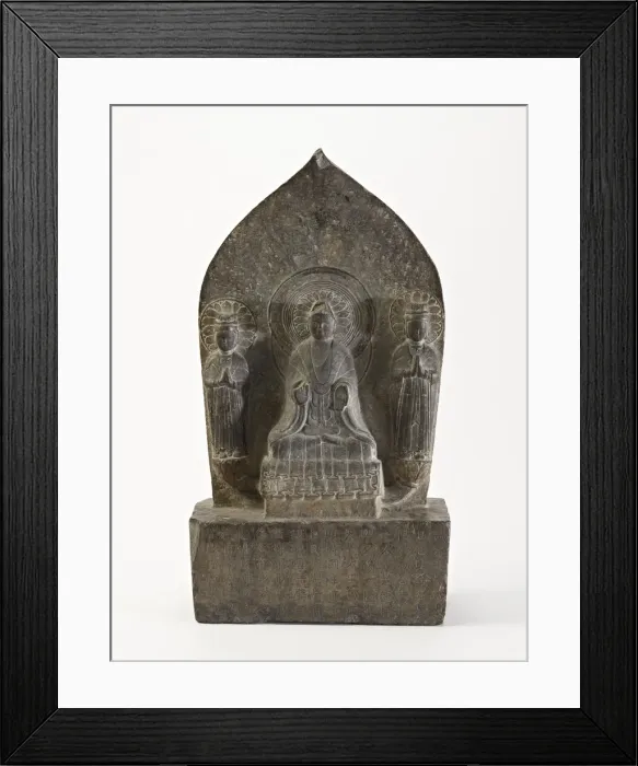 Framed Print : Seated Buddha (Shakyamuni) with standing bodhisattvas, Period of Division, Dated 549 CE Framed Print : Seated Buddha (Shakyamuni) with standing bodhisattvas, Period of Division, Dated 549 CE
