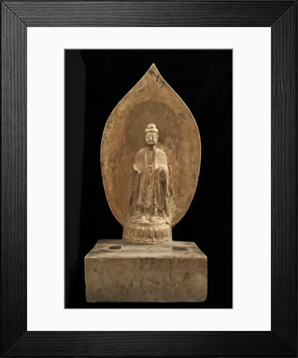 Framed Print : Buddhist tablet: standing figure in high relief; right hand missing, Period of Division Framed Print : Buddhist tablet: standing figure in high relief; right hand missing, Period of Division