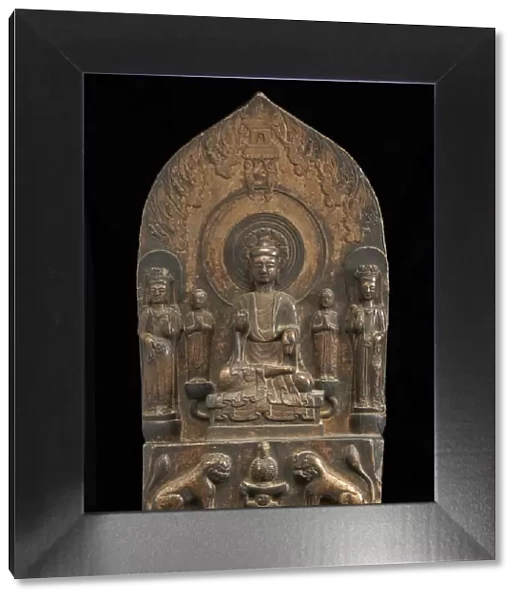 Buddhist tablet: seated central figure flanked by monk... Period of Division, 550-577