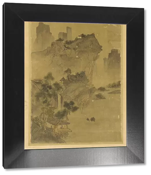 Landscape: cliffs overhanging water - pavilion and pines, Possibly Ming dynasty