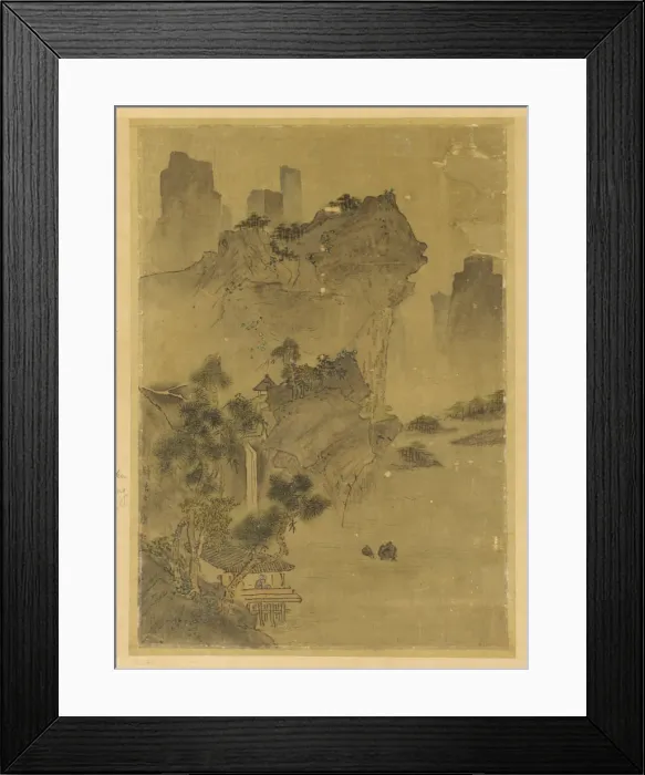 Framed Print : Landscape: cliffs overhanging water - pavilion and pines, Possibly Ming dynasty Framed Print : Landscape: cliffs overhanging water - pavilion and pines, Possibly Ming dynasty