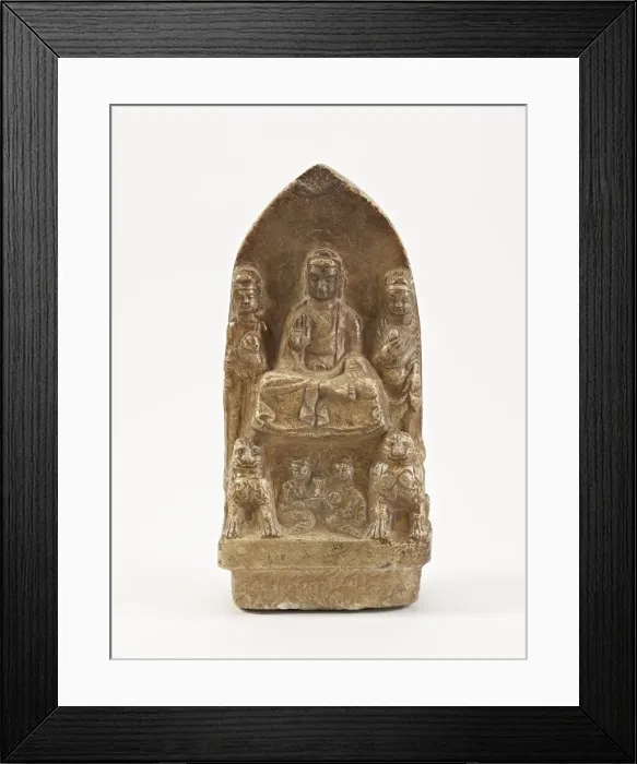 Framed Print : Seated Buddha with bodhisattvas, lions, and figures, Period of Division, possibly 534-557 Framed Print : Seated Buddha with bodhisattvas, lions, and figures, Period of Division, possibly 534-557