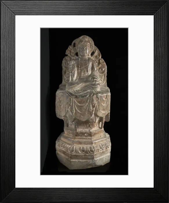 Framed Print : Seated Buddhist figure: high octagonal pedestal and perforated Framed Print : Seated Buddhist figure: high octagonal pedestal and perforated