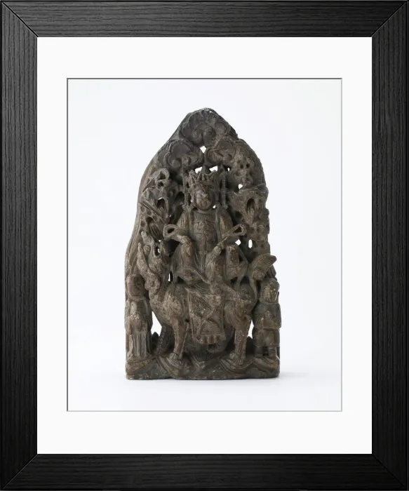 Framed Print : Small soapstone tablet, with pierced relief of Manjusri on lion, Period of Division