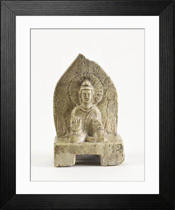 Framed Print : Seated Buddha with figures, Period of Division, possibly 386-535. Creator: Unknown Framed Print : Seated Buddha with figures, Period of Division, possibly 386-535. Creator: Unknown