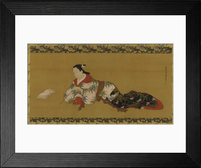 Framed Print : Yujo reclining and reading a musical score, Edo period, 1615-1868. Creator: Unknown Framed Print : Yujo reclining and reading a musical score, Edo period, 1615-1868. Creator: Unknown