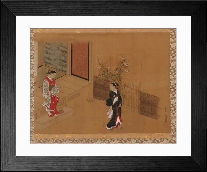 Framed Print : Woman on the verandah steps; another in the garden, Edo period, 18th century Framed Print : Woman on the verandah steps; another in the garden, Edo period, 18th century