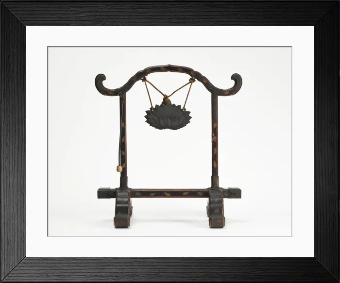 Framed Print : Frame for a gong with a bronze gong suspended by a cord; mallet hanging, Edo period Framed Print : Frame for a gong with a bronze gong suspended by a cord; mallet hanging, Edo period