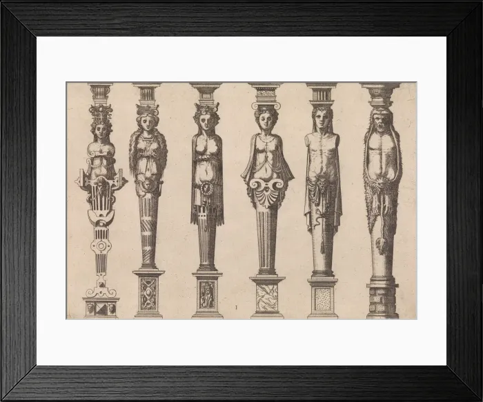 Framed Print : Six herms, four female and two male, with Hercules at far right, ca. 1565 Framed Print : Six herms, four female and two male, with Hercules at far right, ca. 1565
