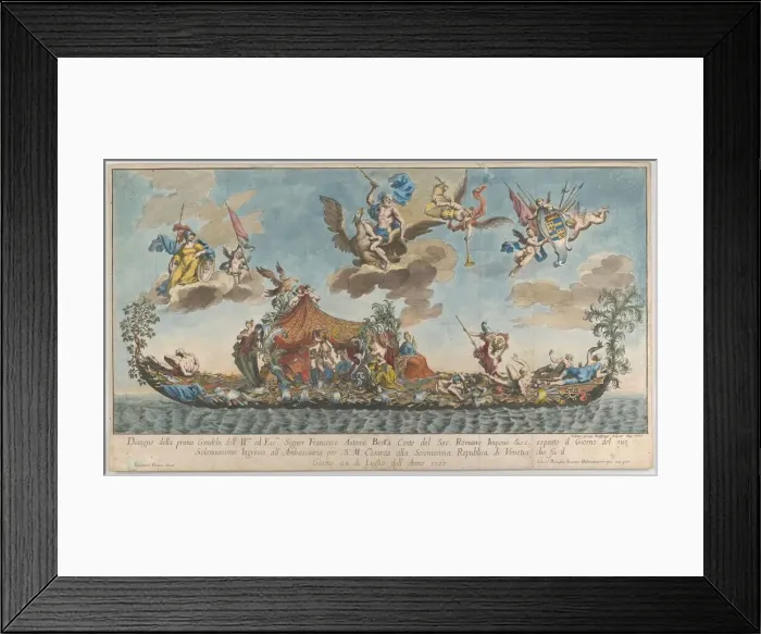 Framed Print : The highly ornamented first gondola of Francesco Antonio Berka entering Venice Framed Print : The highly ornamented first gondola of Francesco Antonio Berka entering Venice