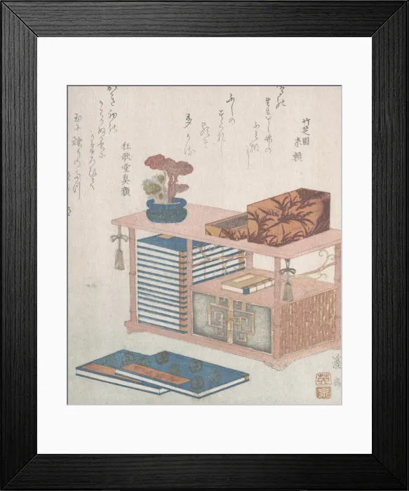 Framed Print : Books and a Bookcase, 19th century. Creator: Ikeda Eisen Framed Print : Books and a Bookcase, 19th century. Creator: Ikeda Eisen