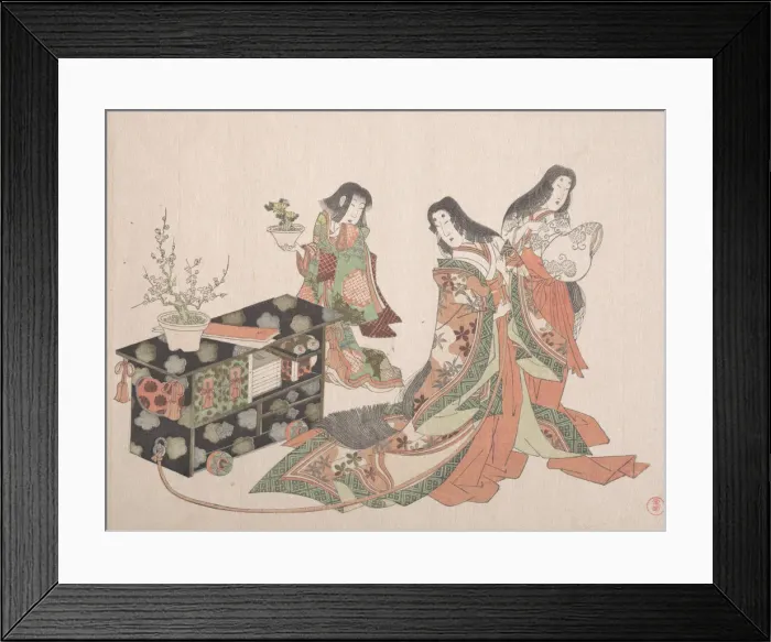 Framed Print : Court Ladies Dragging a Cabinet along the Floor, 19th century. Creator: Kubo Shunman Framed Print : Court Ladies Dragging a Cabinet along the Floor, 19th century. Creator: Kubo Shunman