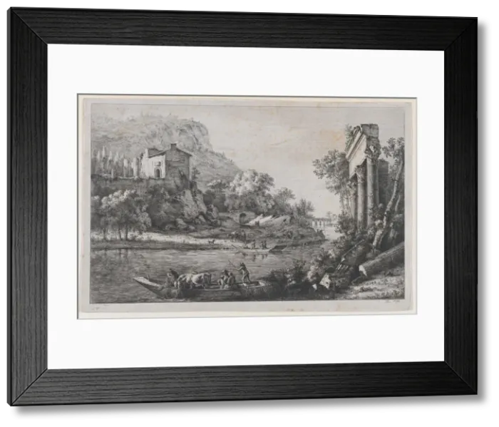 Framed Print : River Crossing, 1796. Creator: Jean-Jacques de Boissieu Framed Print : River Crossing, 1796. Creator: Jean-Jacques de Boissieu