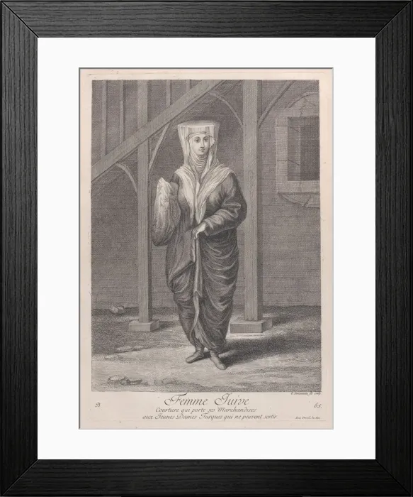 Framed Print : Femme Juive, Courtiere qui porte ses Marchandises aux Juenes Dames Turques qui ne peuve