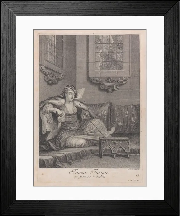 Framed Print : Femme Turque, qui fume sur le Sopha, 1714-15. Creator: Unknown Framed Print : Femme Turque, qui fume sur le Sopha, 1714-15. Creator: Unknown