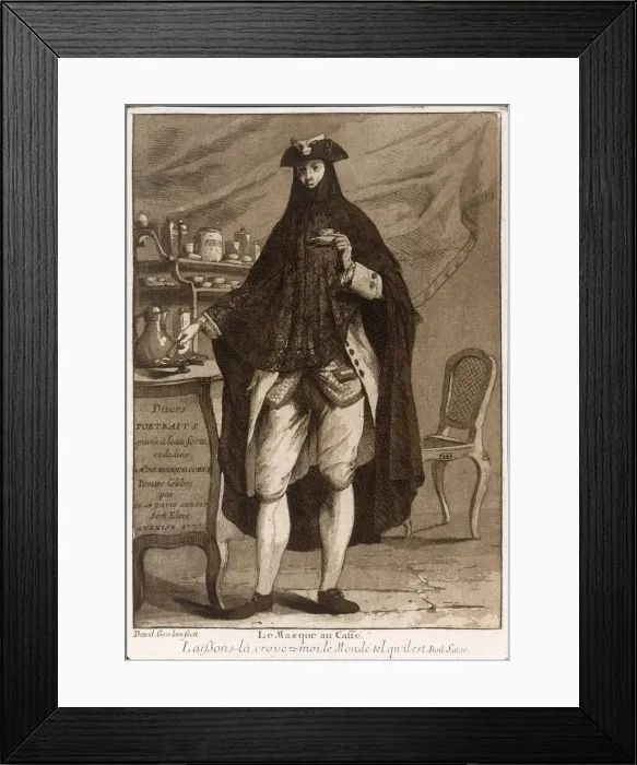 Framed Print : A man wearing a mask drinking a cup of coffee (Le Masque au Caffe), 1775 Framed Print : A man wearing a mask drinking a cup of coffee (Le Masque au Caffe), 1775