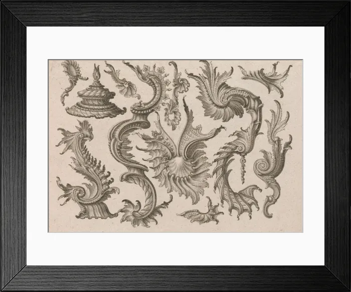 Framed Print : Various Designs for Rocaille Ornaments, Plate 4 from: Fortsezung von unter Framed Print : Various Designs for Rocaille Ornaments, Plate 4 from: Fortsezung von unter