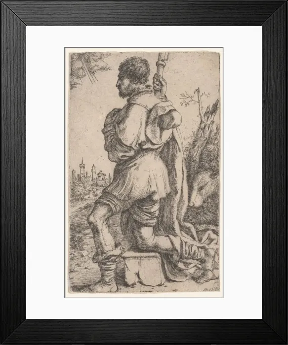 Framed Print : Saint Roch, kneeling on a stone, seen from the side with his dog behind him... 1620-30 Framed Print : Saint Roch, kneeling on a stone, seen from the side with his dog behind him... 1620-30