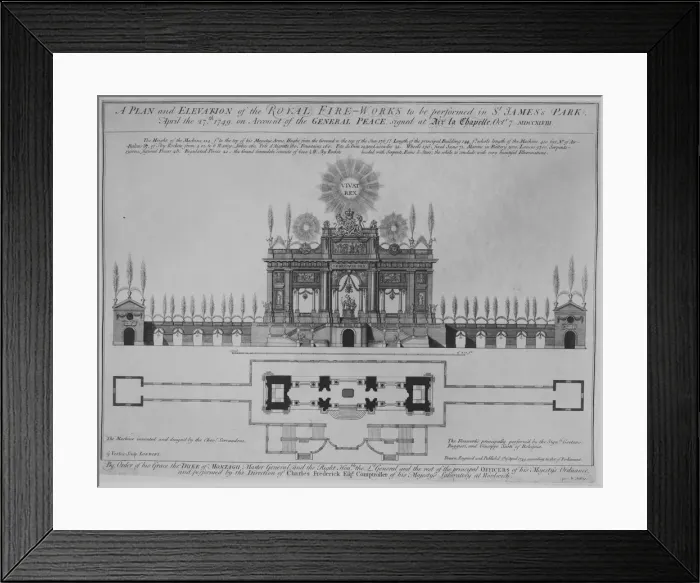 Framed Print : Peace of Aix-la-Chapelle: A Plan and Elevation of the Royal Fire-Works, London, 1749... ca. 1749. Creator: George Vertue Framed Print : Peace of Aix-la-Chapelle: A Plan and Elevation of the Royal Fire-Works, London, 1749... ca. 1749. Creator: George Vertue